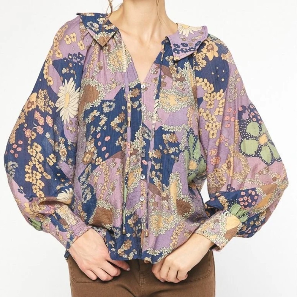Entro boho Floral Daisy Blue Purple Popover Peasant Blouse Top - Picture 2 of 9